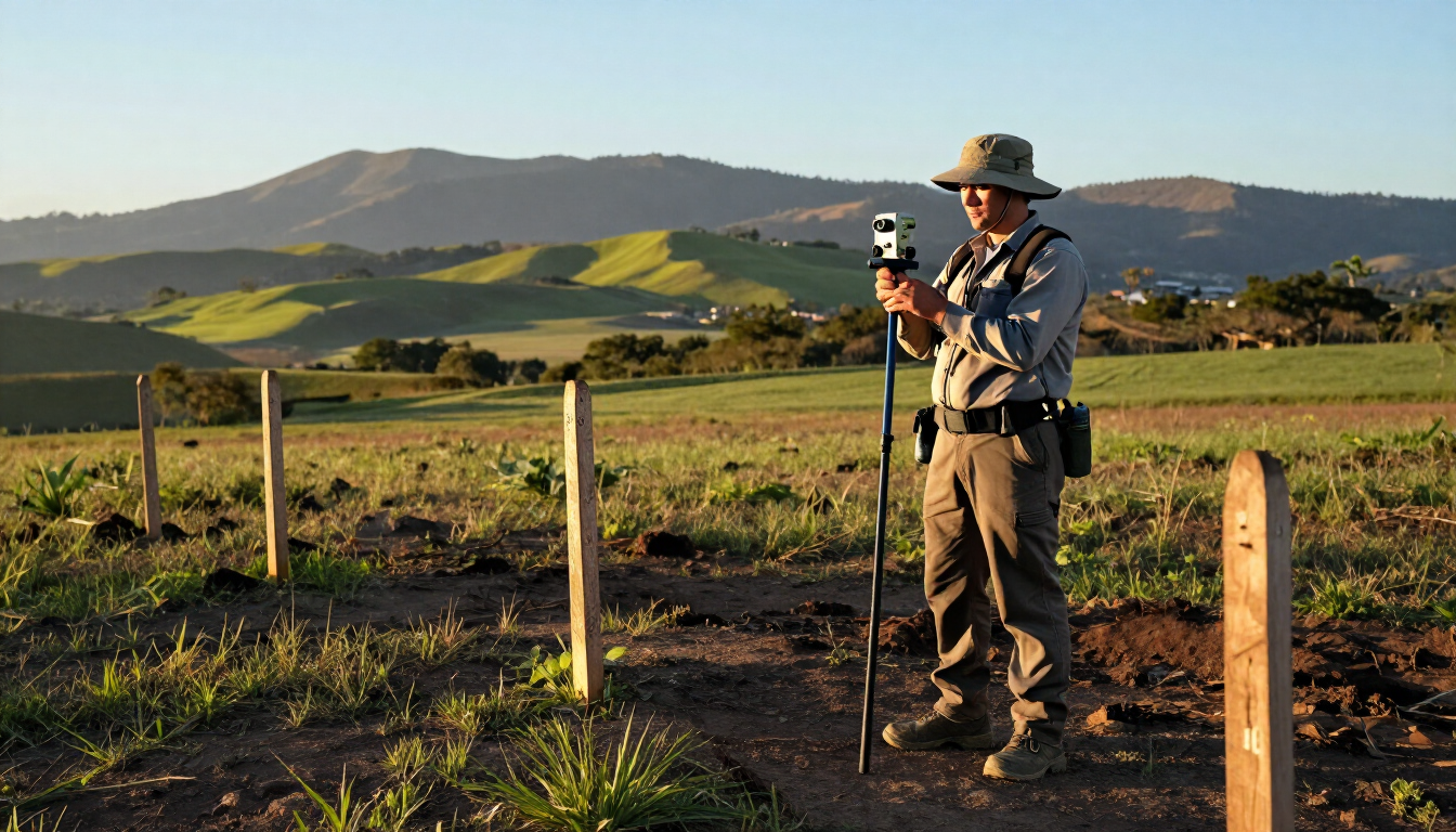 Persona fotografiando un paisaje rural iluminado por el sol, con colinas, campos y postes de cerca al atardecer