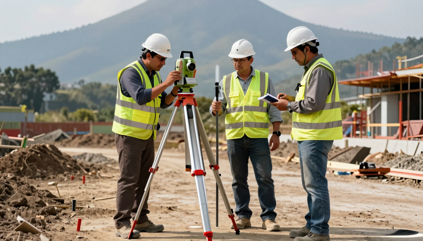 Obreros de la construcción con cascos utilizando un instrumento topográfico sobre un trípode en una obra