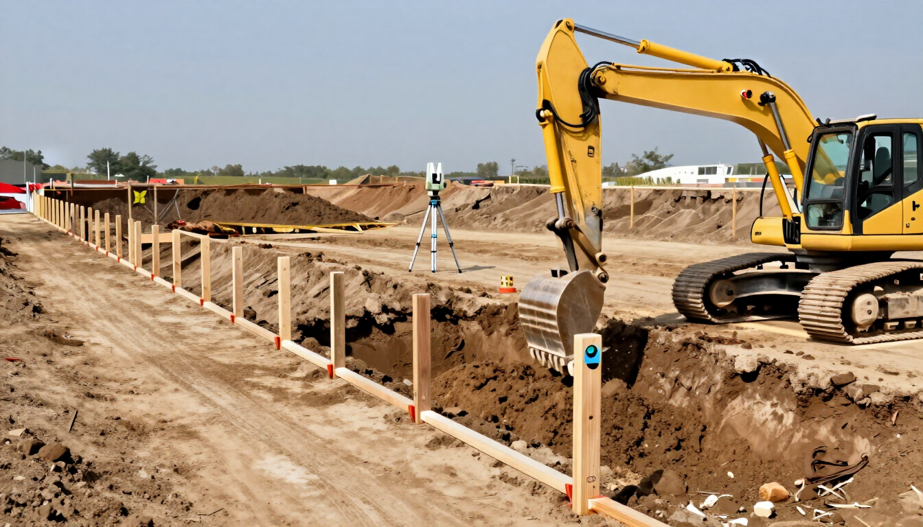 Excavadora amarilla excavando una zanja junto a un muro de contención de madera en una obra.