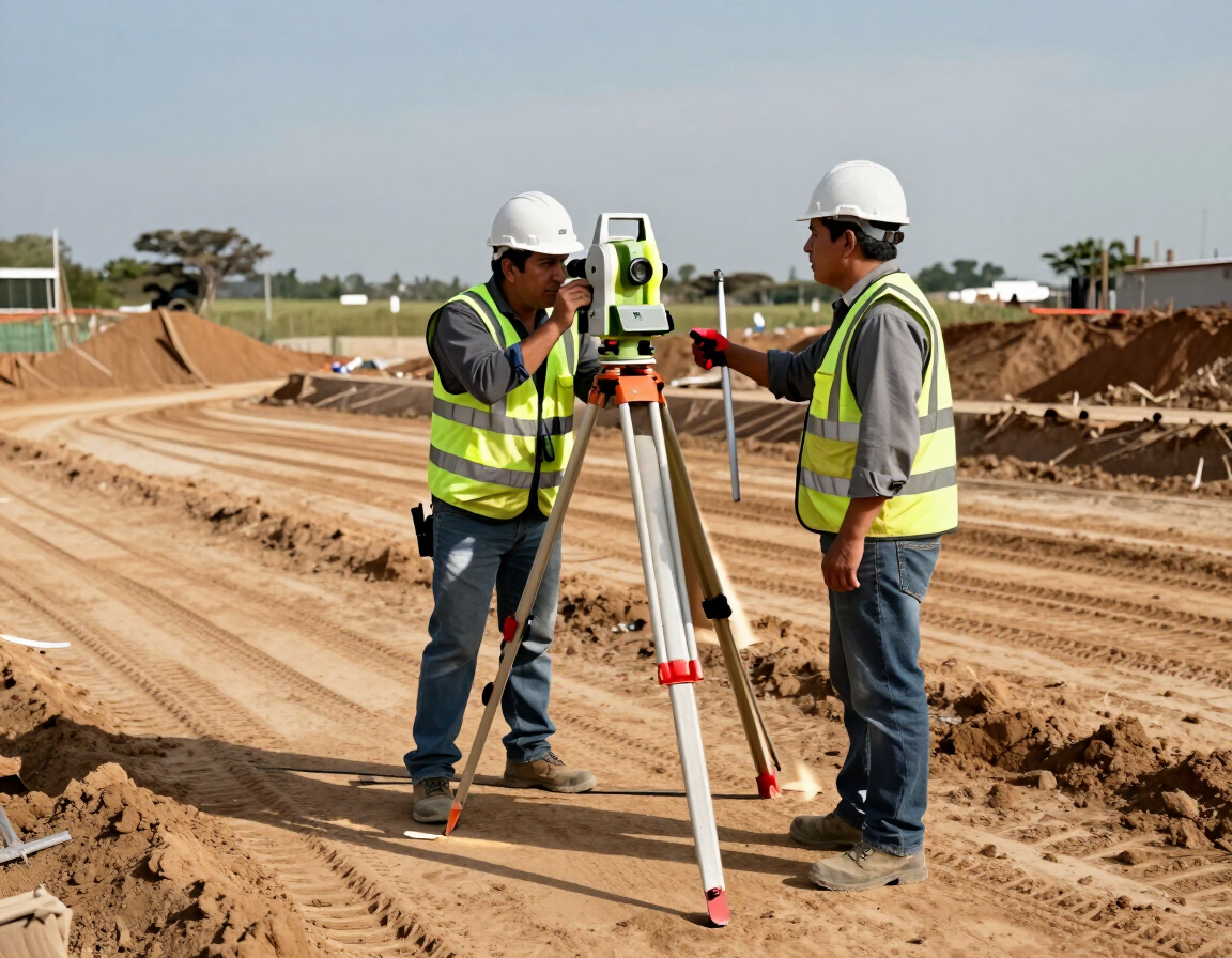 Dos topógrafos con cascos de seguridad utilizan un nivel láser sobre trípode en una obra en construcción
