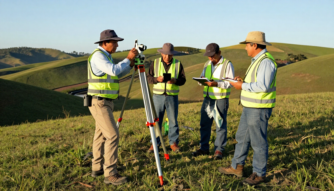 Topógrafos con chalecos reflectantes midiendo un campo cubierto de hierba con un trípode bajo un cielo soleado