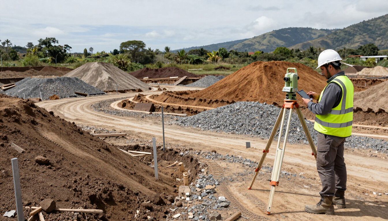 Un topógrafo con casco de seguridad revisa el equipo en una obra vial, entre montones de grava y caminos de tierra.