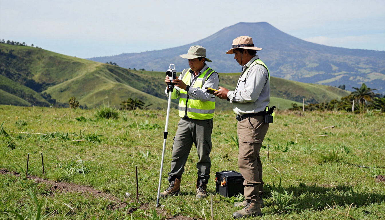 Dos topógrafos con sombreros y chalecos reflectantes utilizando un trípode GPS en un campo de hierba, con montañas al fondo