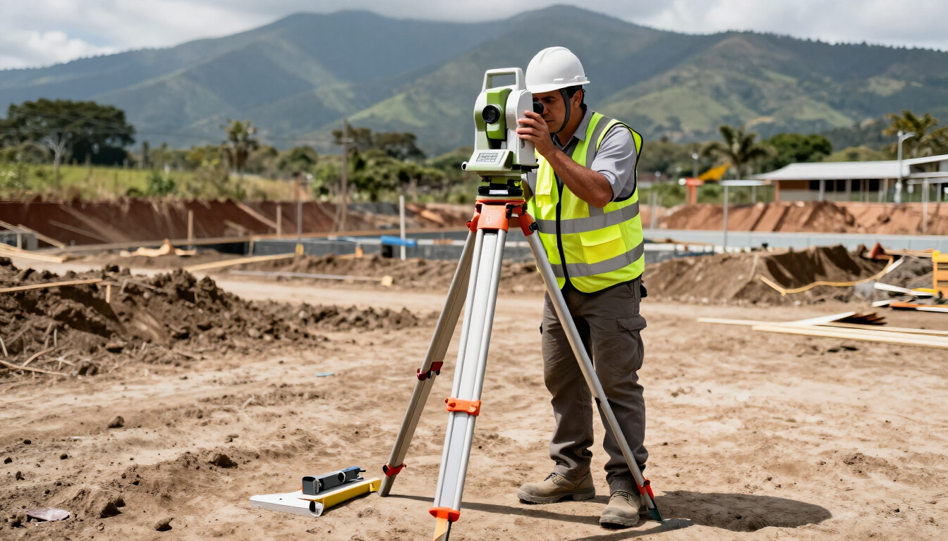 Topógrafo con casco usando un instrumento montado en un trípode en una obra polvorienta con montañas al fondo