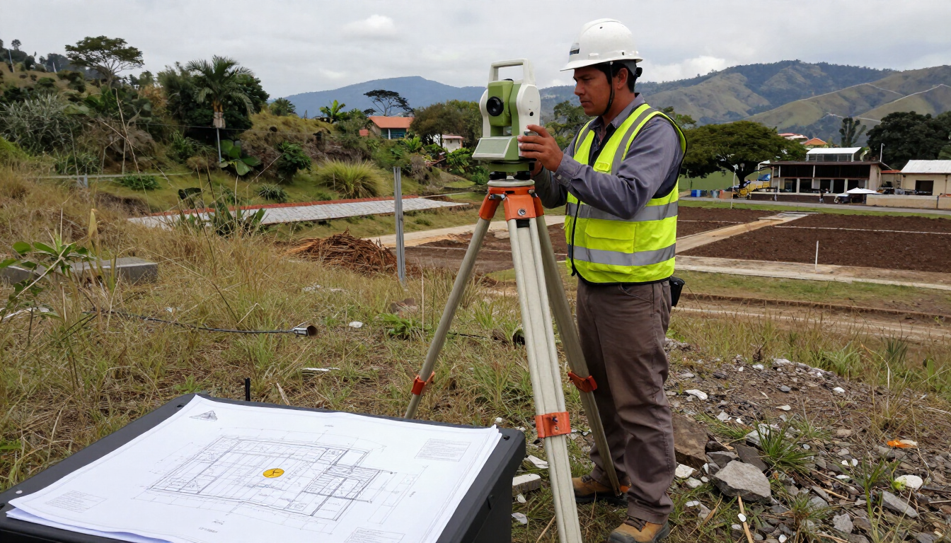 Un topógrafo con casco y chaleco de seguridad utiliza un instrumento sobre un trípode en una obra, con colinas al fondo