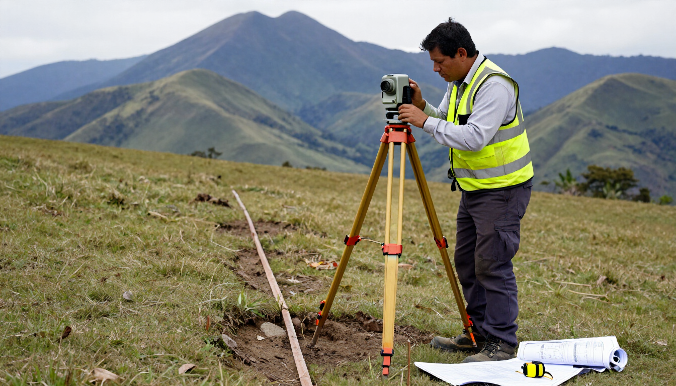 Un topógrafo utiliza un instrumento montado sobre un trípode en una ladera montañosa cubierta de hierba, con picos al fondo