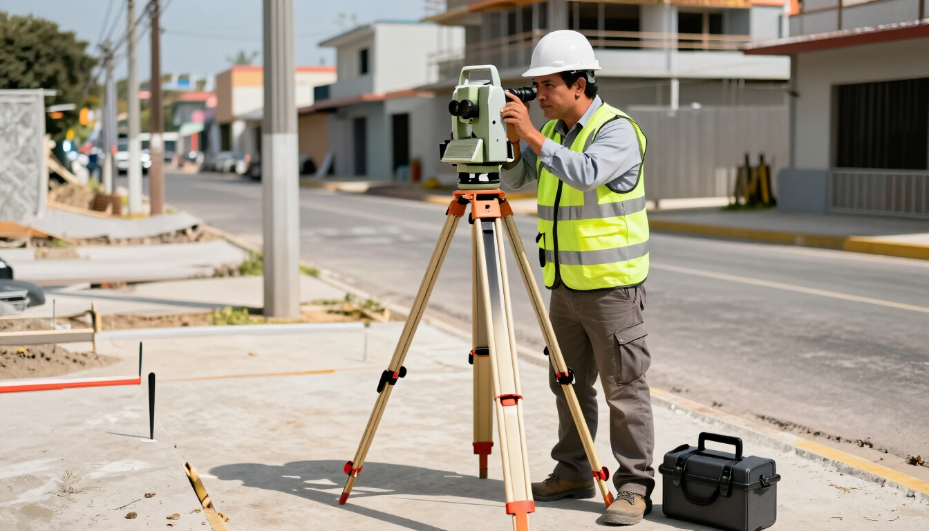 Topógrafo utilizando una estación total montada sobre un trípode en una obra de construcción de una calle residencial