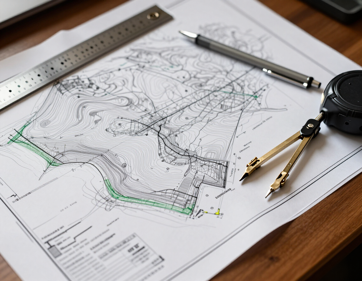 Plano arquitectónico de emplazamiento sobre un escritorio con una regla, un bolígrafo y un compás de dibujo.