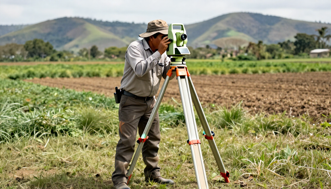 Un topógrafo utiliza un instrumento montado sobre un trípode en un campo, con colinas al fondo