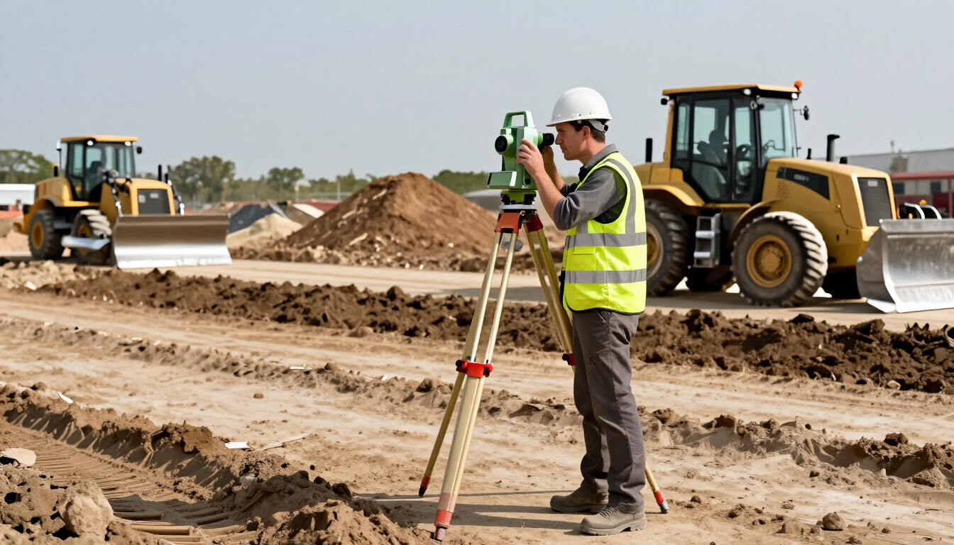 Topógrafo midiendo un camino de tierra en construcción, con maquinaria pesada al fondo