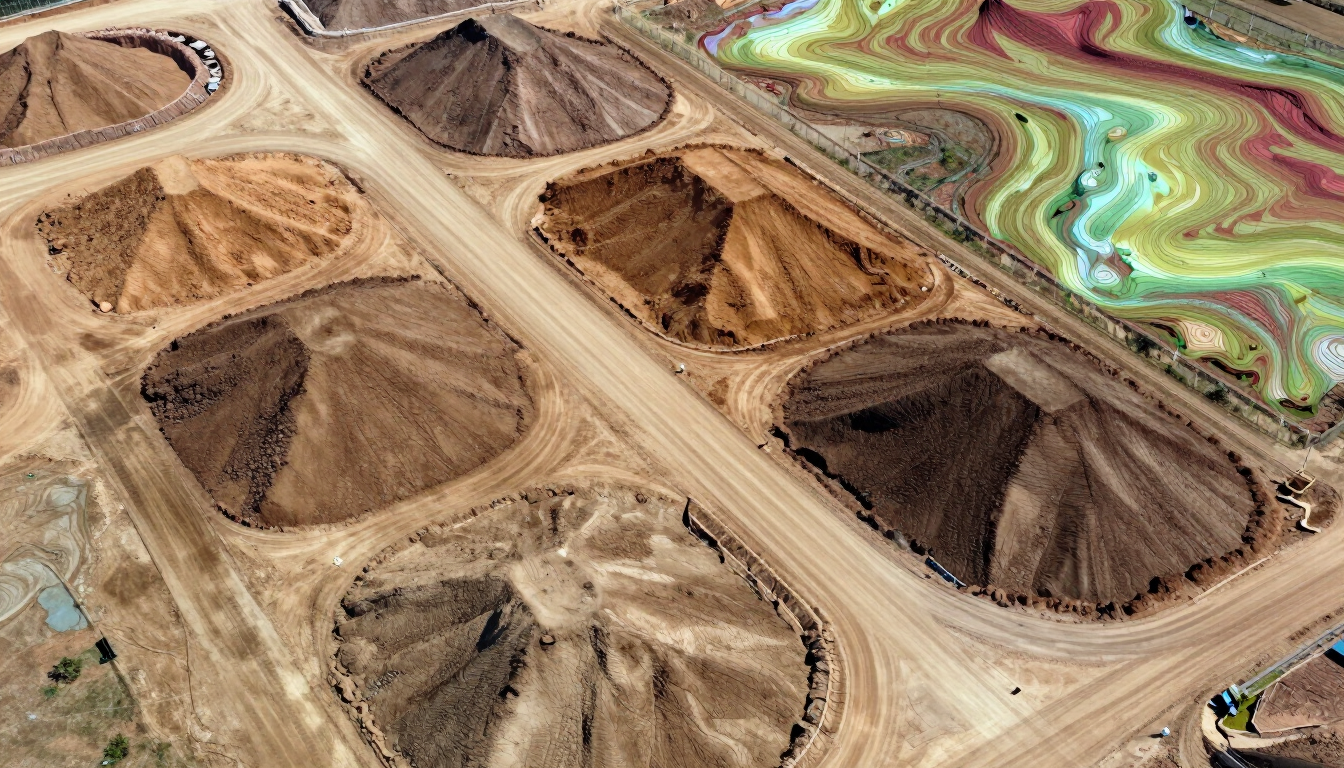 Vista aérea de una explotación minera con caminos de tierra, montículos de tierra y balsas de residuos