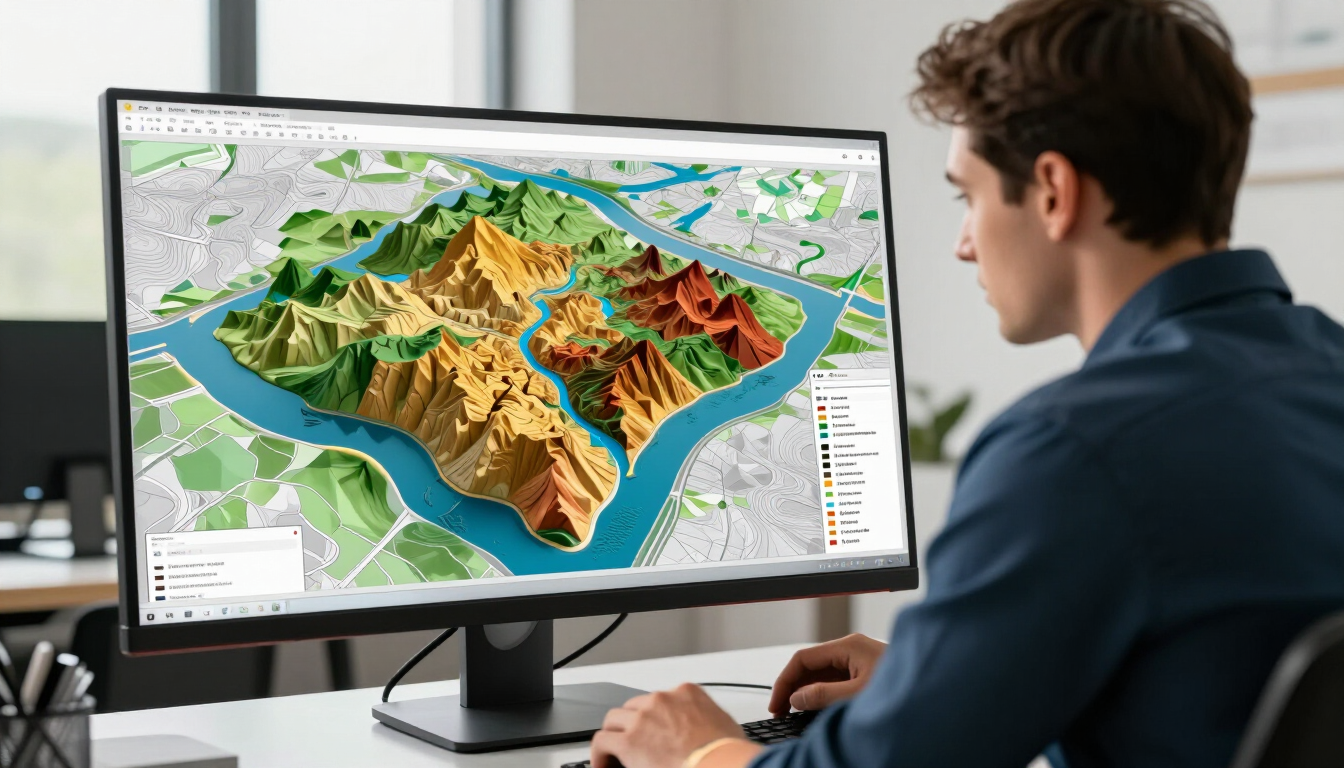 Persona viendo un mapa topográfico 3D lleno de color en un monitor de computadora