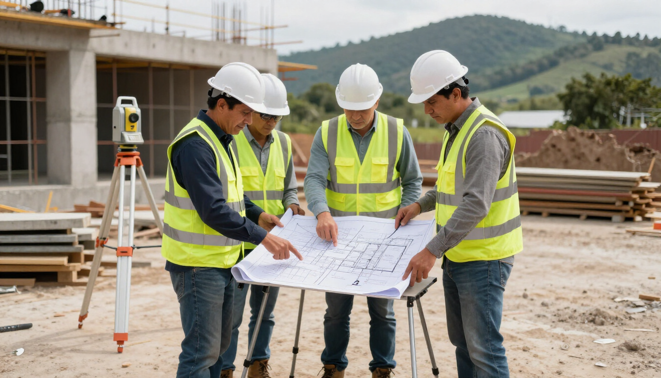Tres trabajadores de la construcción con cascos revisan planos en una obra.
