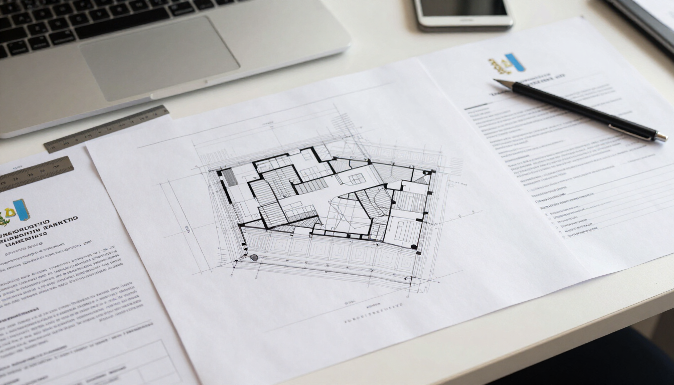 Plano arquitectónico extendido sobre un escritorio, junto a unos papeles y un bolígrafo