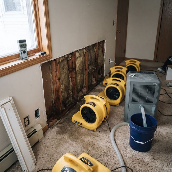 Damaged wall with exposed insulation and three yellow fans drying a carpet in a room
