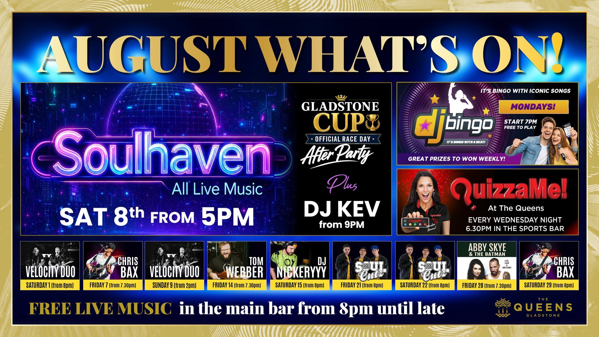 “May What’s On!” concert flyer with multiple bands, bold colorful blocks, and dates May 29–31 on a blue background