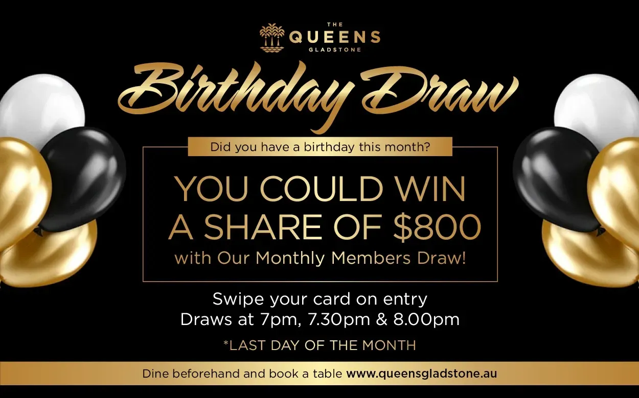 Birthday Draw promo with gold script, black-and-gold balloons, and offer to win a $800 share