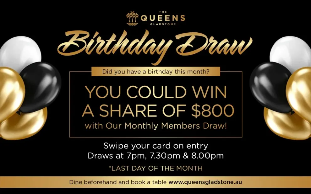 Birthday Draw promo with gold script, black-and-gold balloons, and offer to win a $800 share
