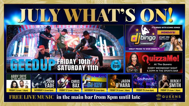 “May What’s On!” concert flyer with multiple bands, bold colorful blocks, and dates May 29–31 on a blue background