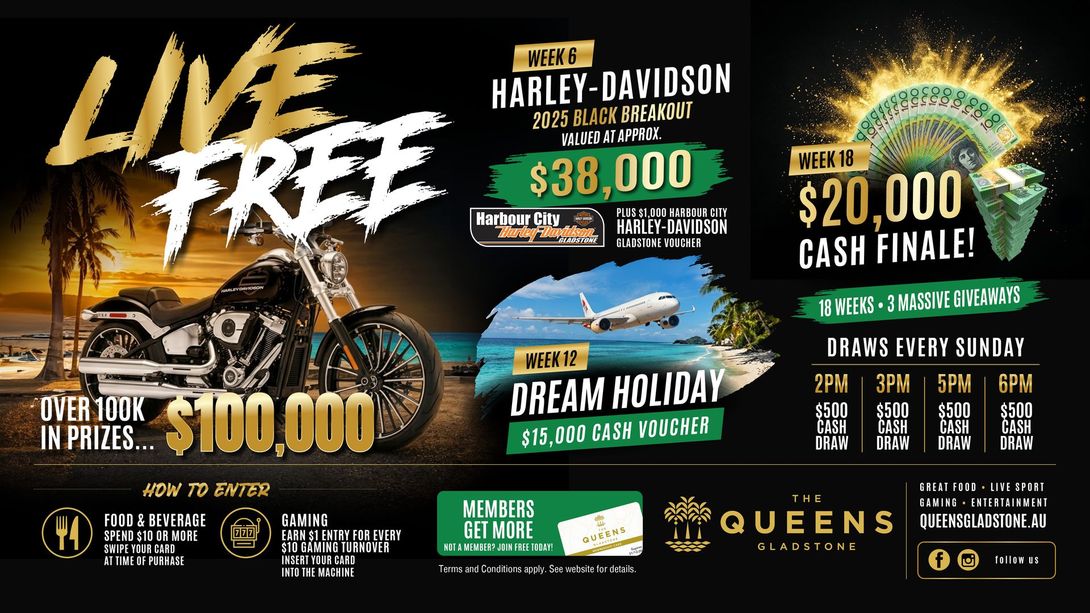 Black-and-gold casino promo for Harley-Davidson motorcycle, $100,000 prizes, $20,000 cash, and $38,000 dream holiday