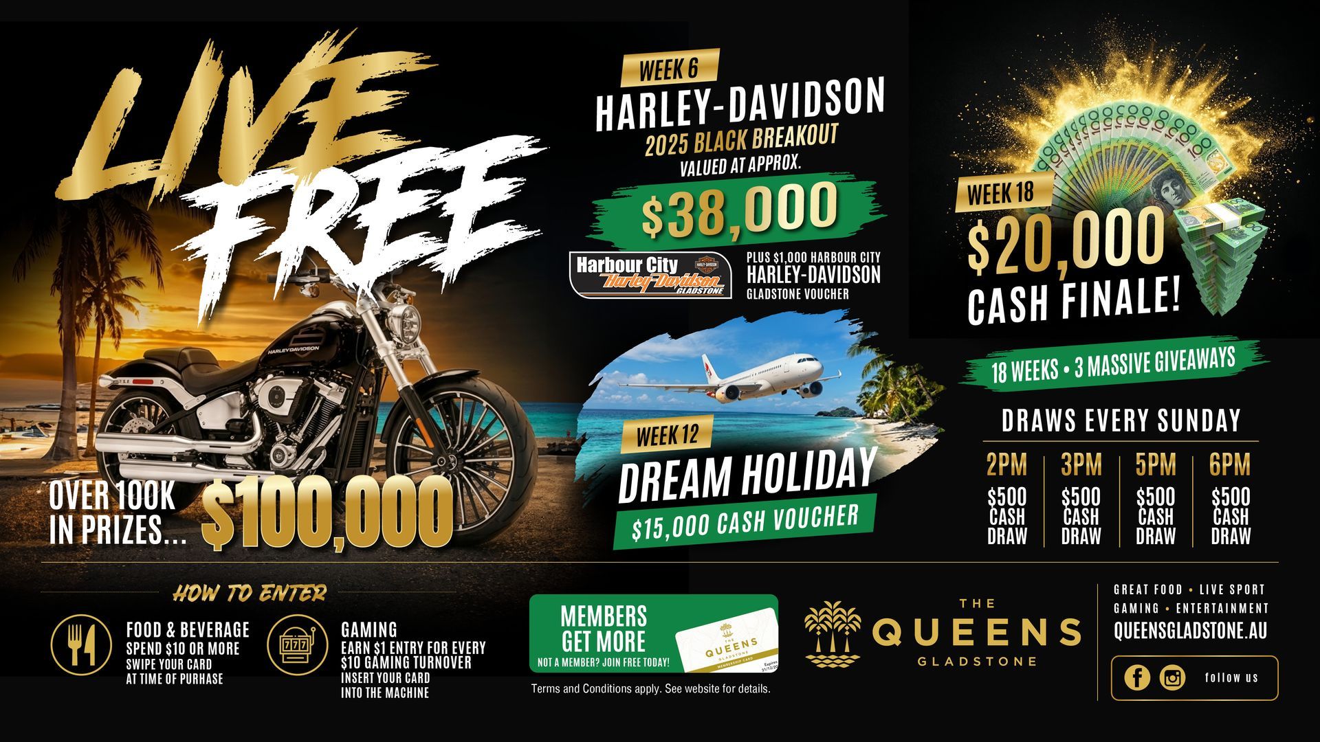 Casino promotion with motorcycle prize, $20,000 cash final, and a $100,000 jackpot on a black-and-gold background