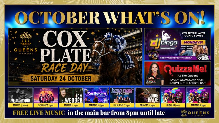 September events poster for Queens Hotel with Chris Bax Band, Quzma! and live music dates