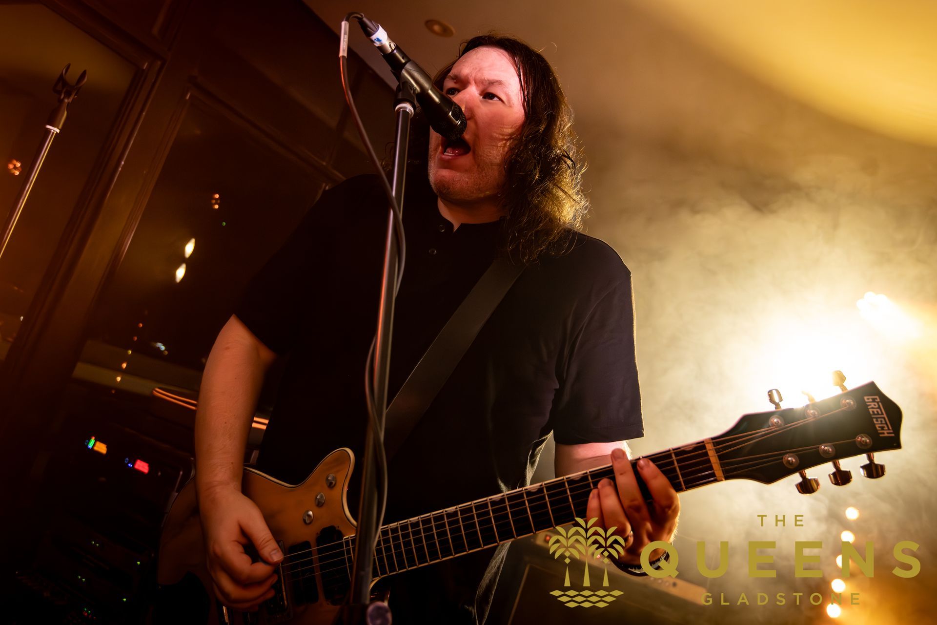 Singer playing electric guitar onstage, singing into a microphone under warm stage lights.