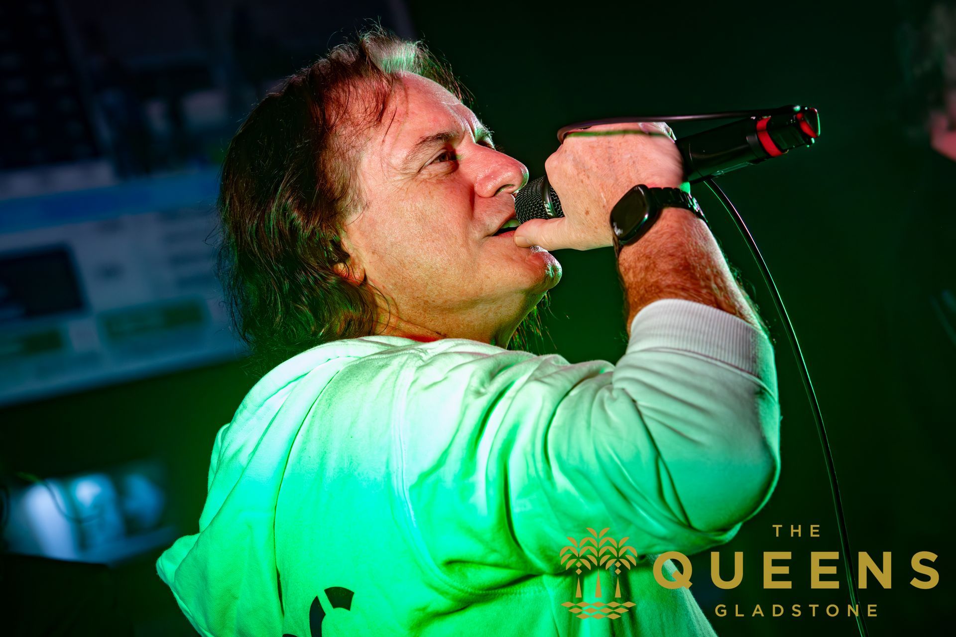 Singer performing on stage, holding a microphone under green lighting, with “The Queens” logo in the corner