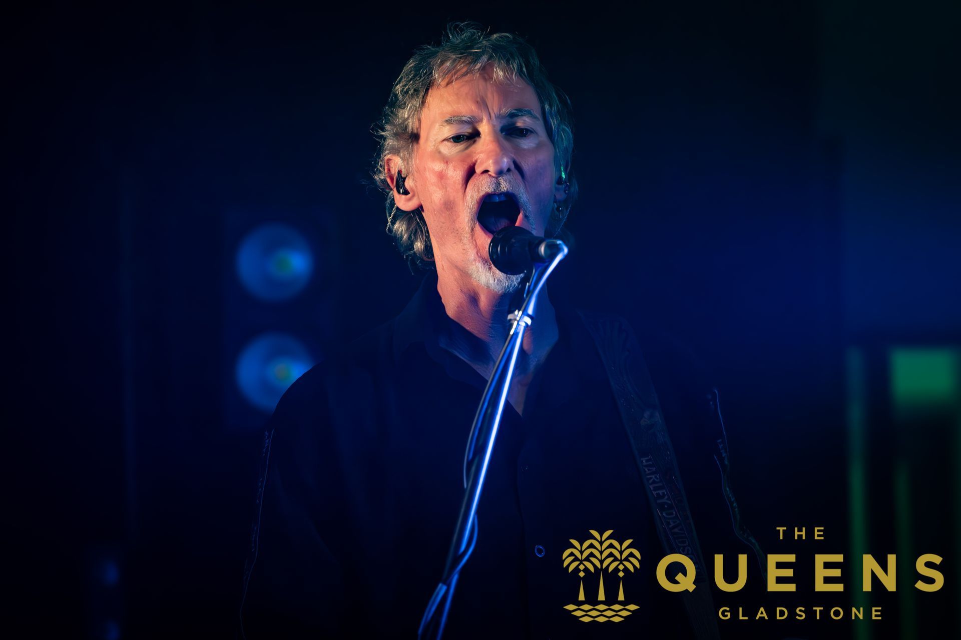 Singer performing on dark stage with blue lights, microphone centered, The Queens logo at bottom right