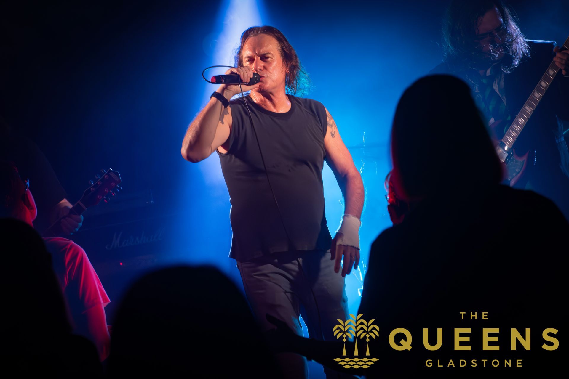 Singer performing onstage under blue lights, holding a microphone, with audience silhouettes in front.