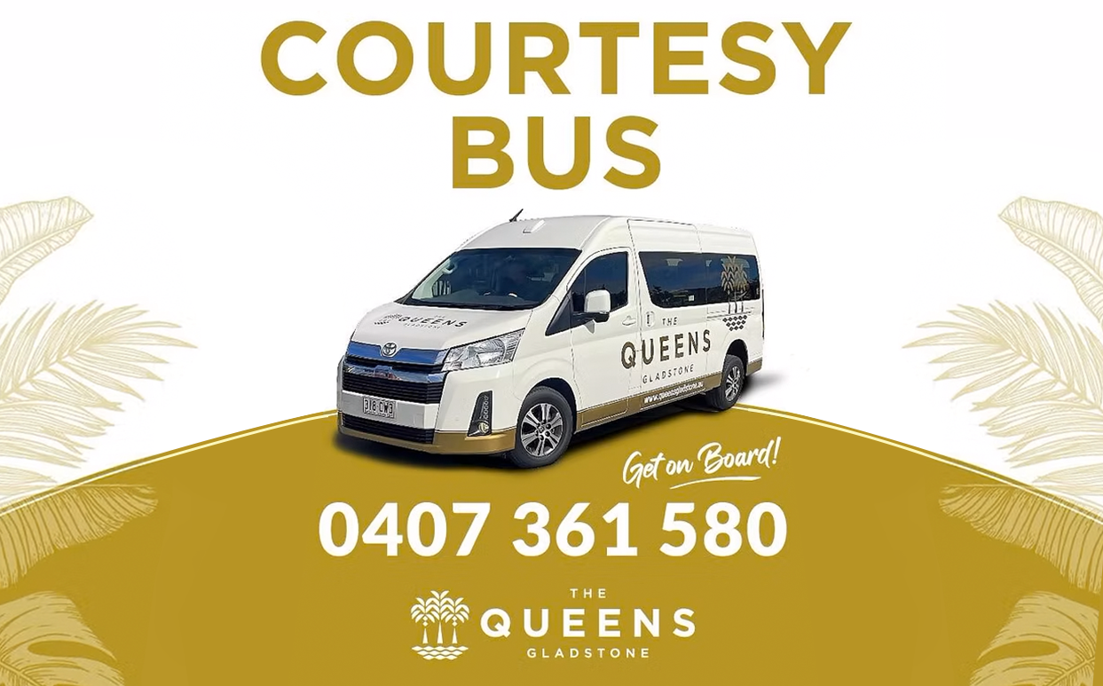 Courtesy bus. White van with gold trim, labeled 