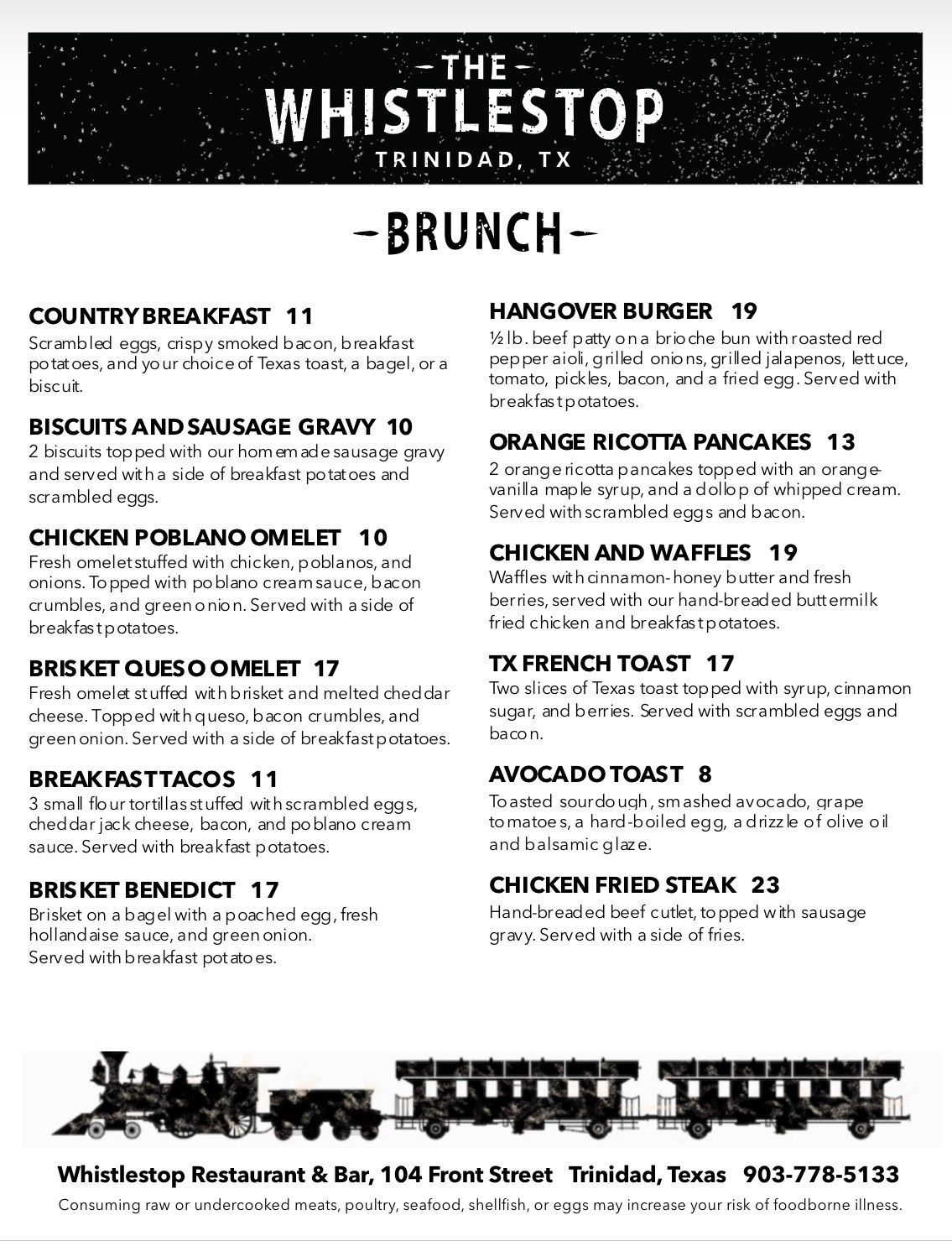 Brunch Menu for The Whistlestop Restaurant in Trinidad, TX