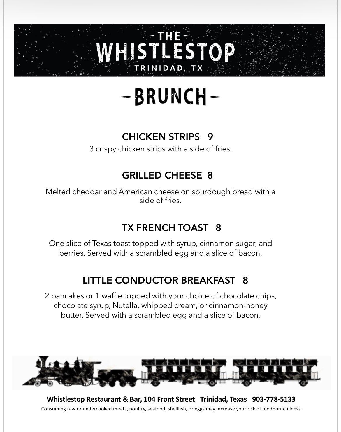 Brunch Menu for The Whistlestop Restaurant in Trinidad, TX