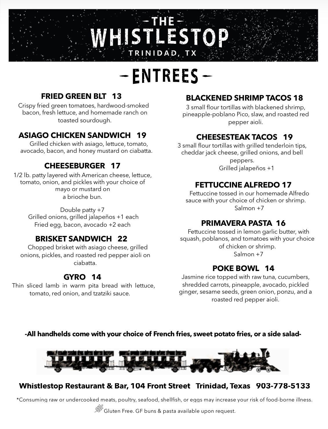 Lunch Menu for The Whistlestop Restaurant in Trinidad, TX