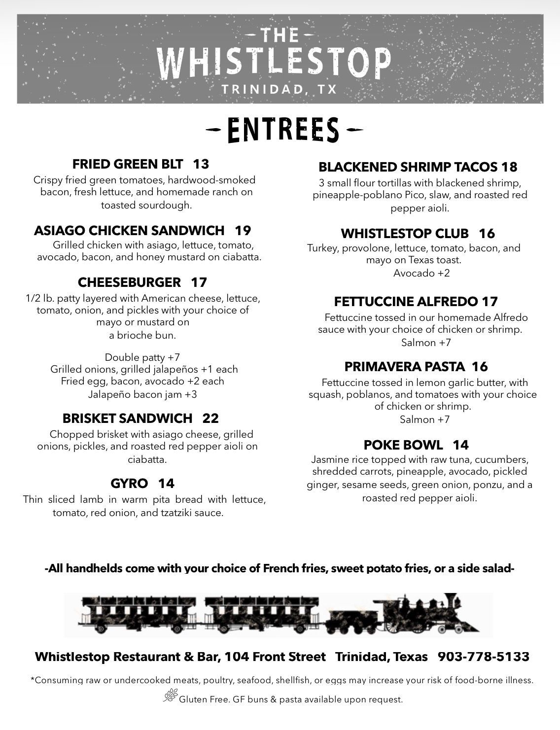 Lunch Menu for The Whistlestop Restaurant in Trinidad, TX