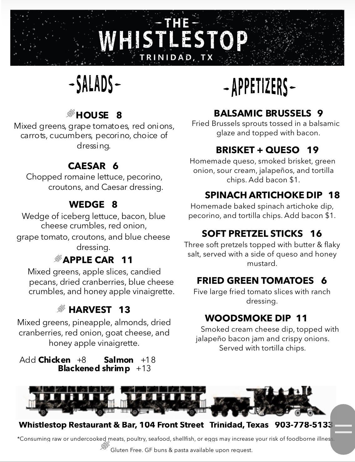 Lunch Menu for The Whistlestop Restaurant in Trinidad, TX
