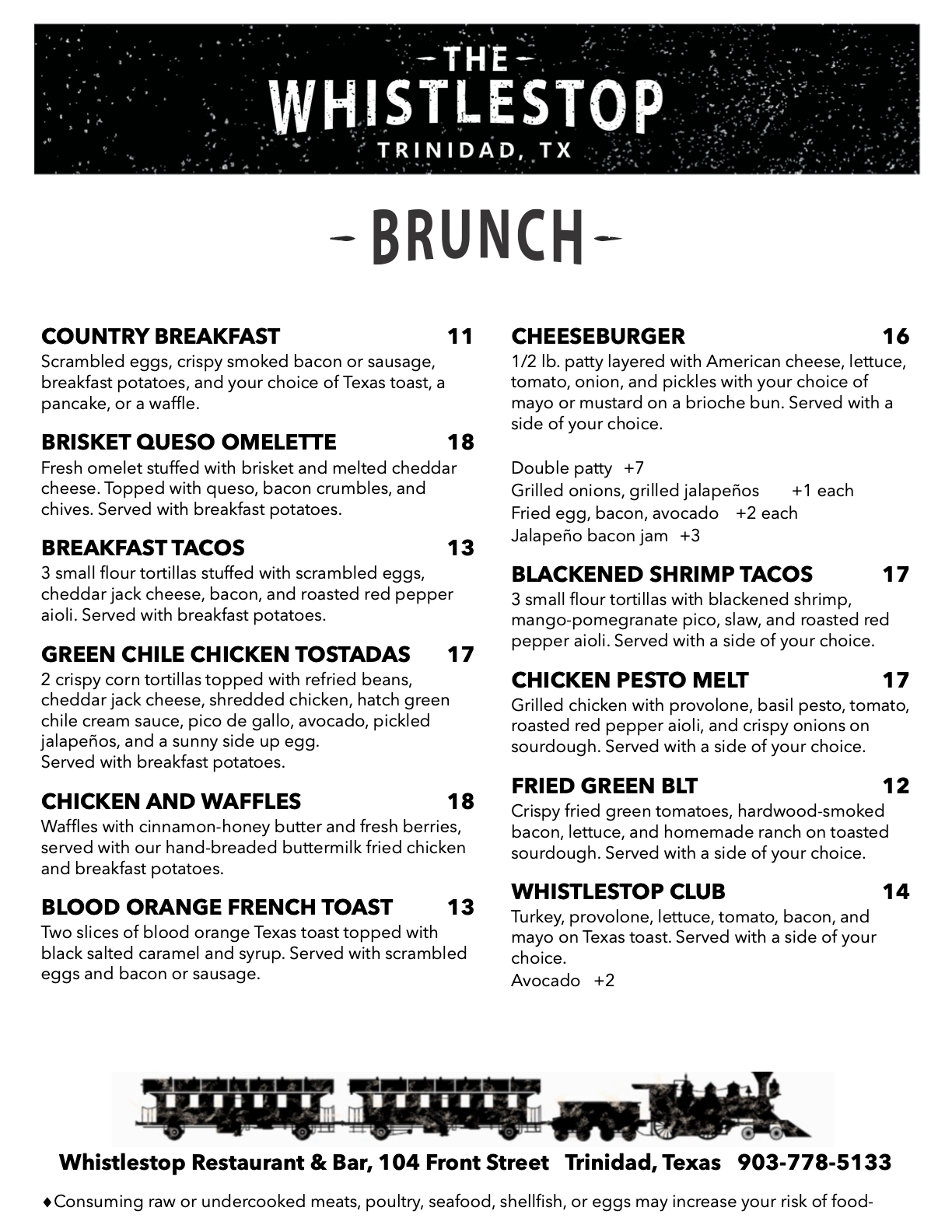 Brunch Menu for The Whistlestop Restaurant in Trinidad, TX