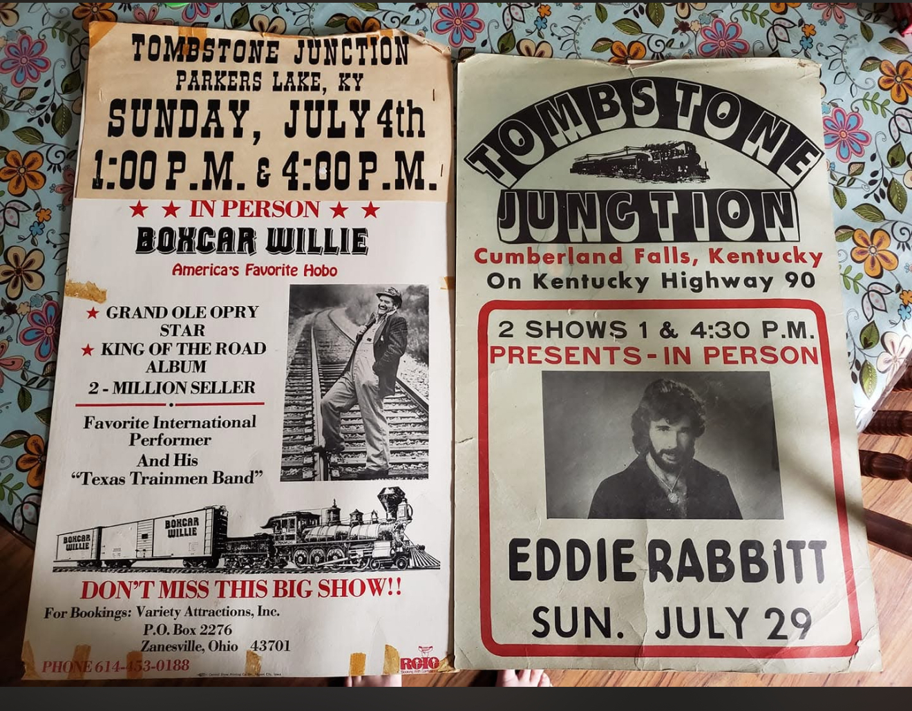 Two vintage Tompstone Junction concert posters, black-and-white with red accents, for Eddie Rabbitt and Bonar?