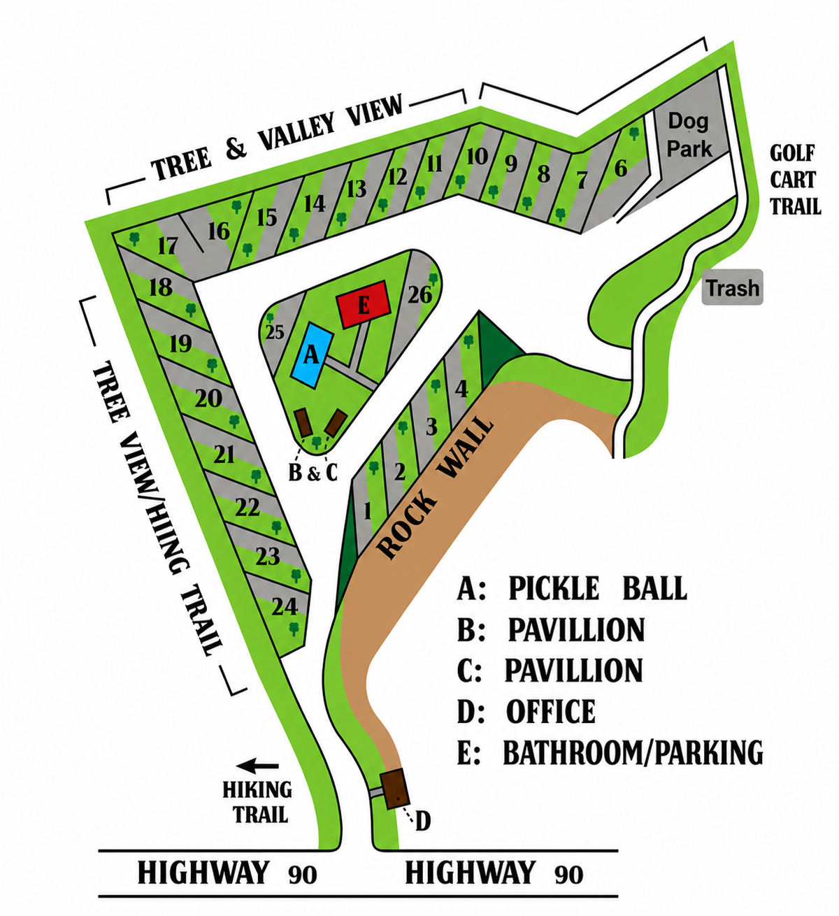 A map of a campground with a pool and a pavilion