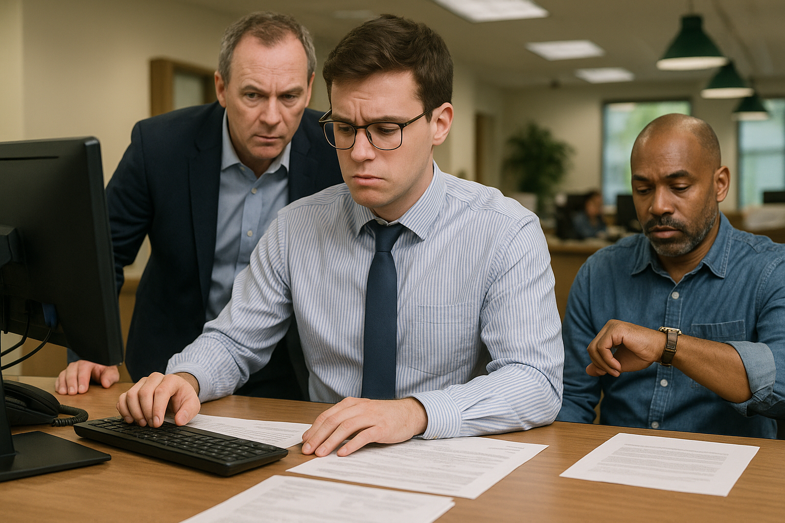 A rookie banker fumbles through a business account setup while a supervisor hovers and a restaurant 