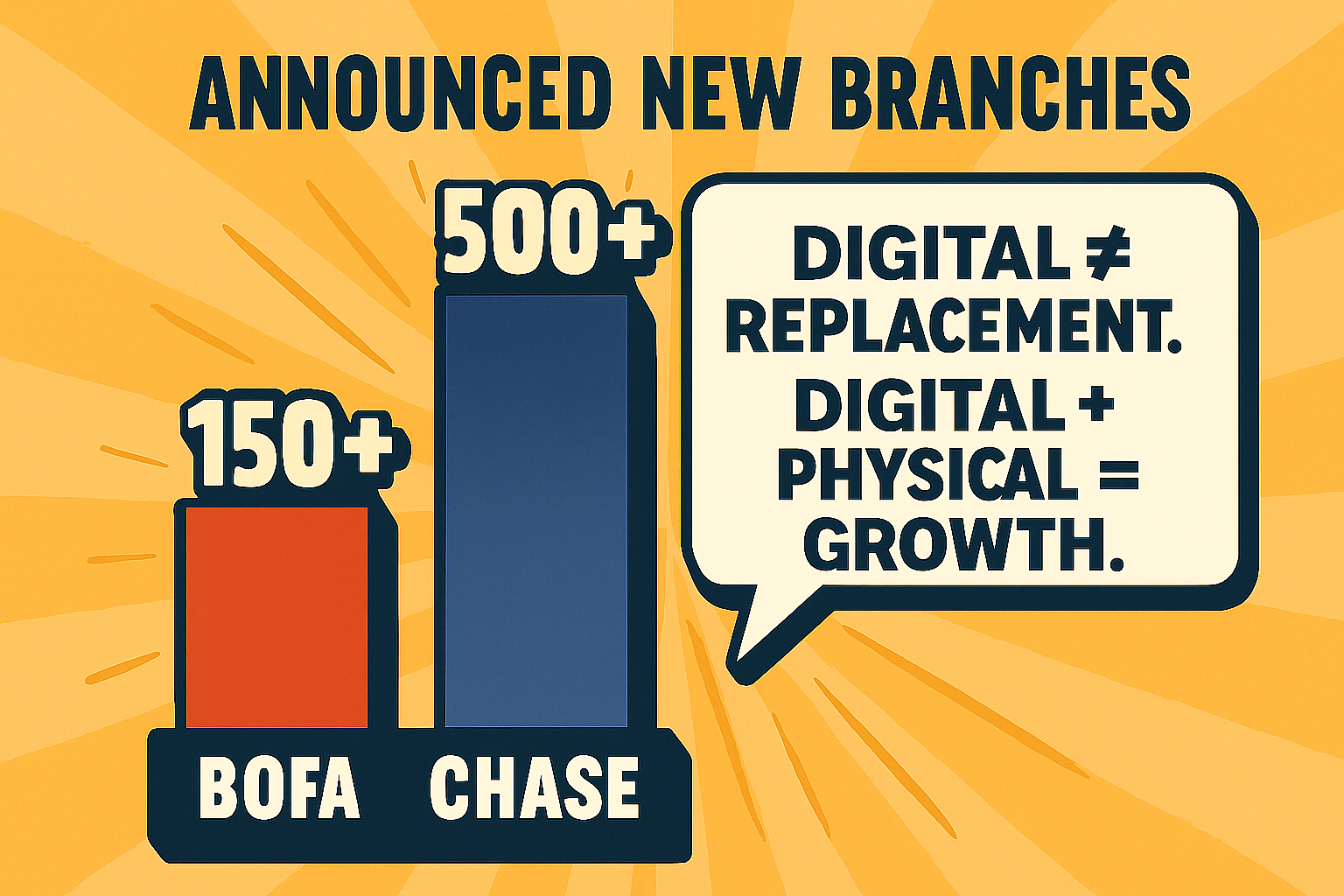 Bar chart comparing new branch announcements from major banks. Bank of America (red) plans 150+ new branches, while Chase (blue) plans 500+. A speech bubble to the right states: 