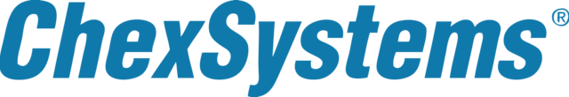 A blue chexsystems logo on a white background