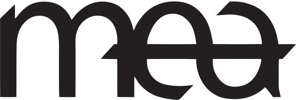 A black and white logo for a company called mea.