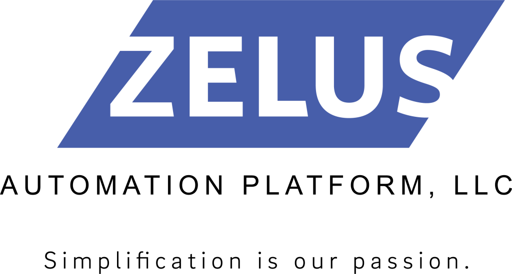 A blue and white logo for zelus automation platform , llc.