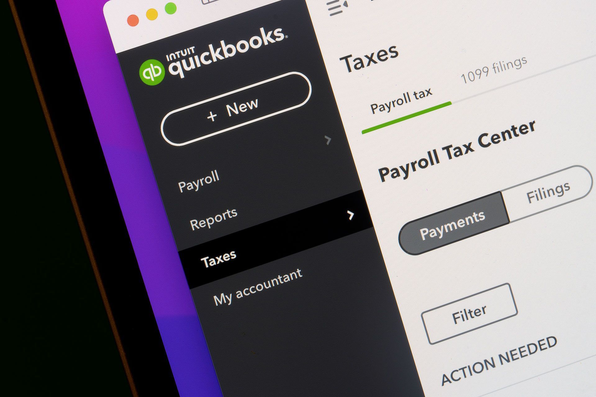 A close up of a computer screen showing the payroll tax center