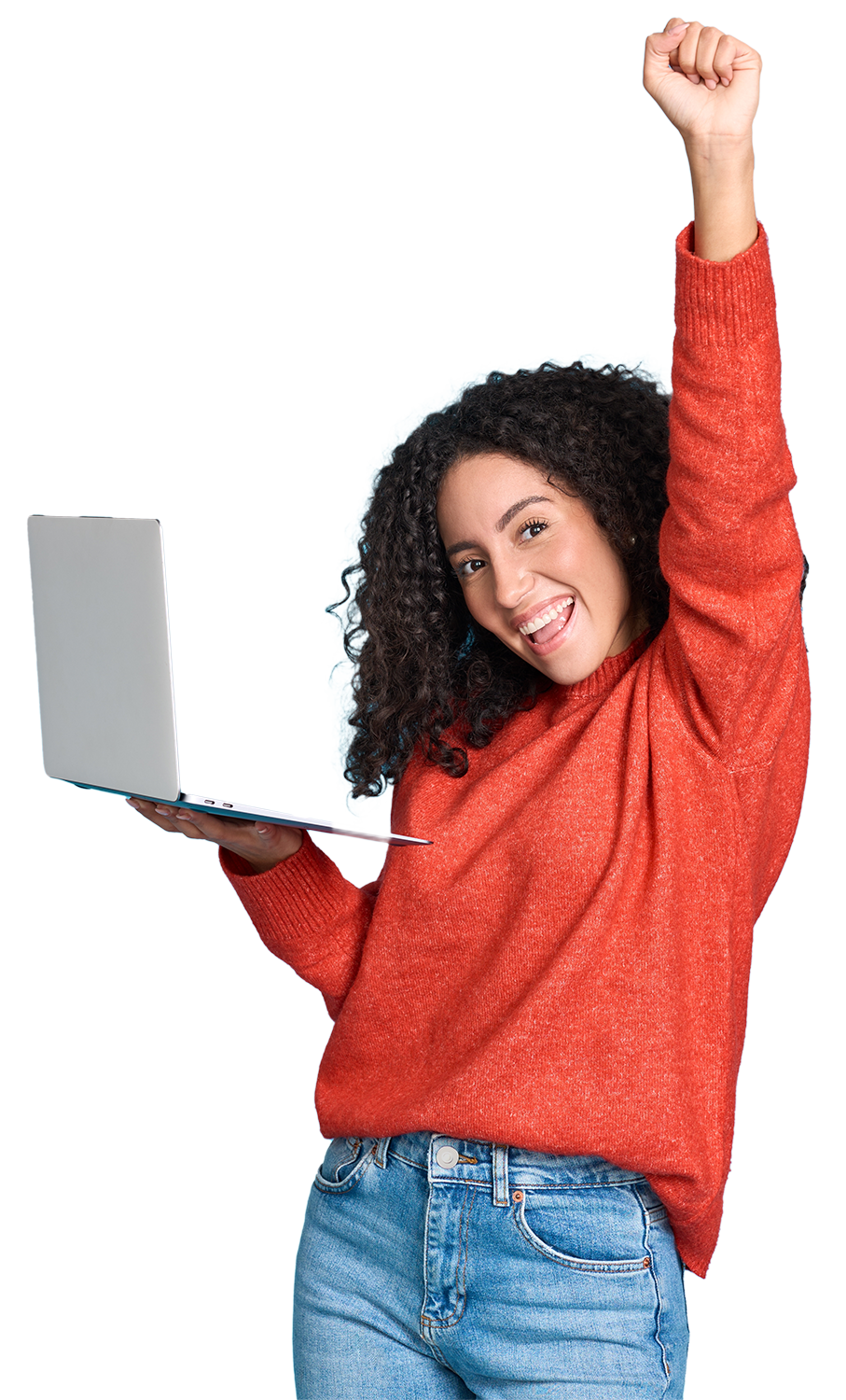A woman in a red sweater is holding a laptop with her fist in the air.