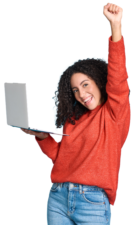 A woman in a red sweater is holding a laptop with her fist in the air.