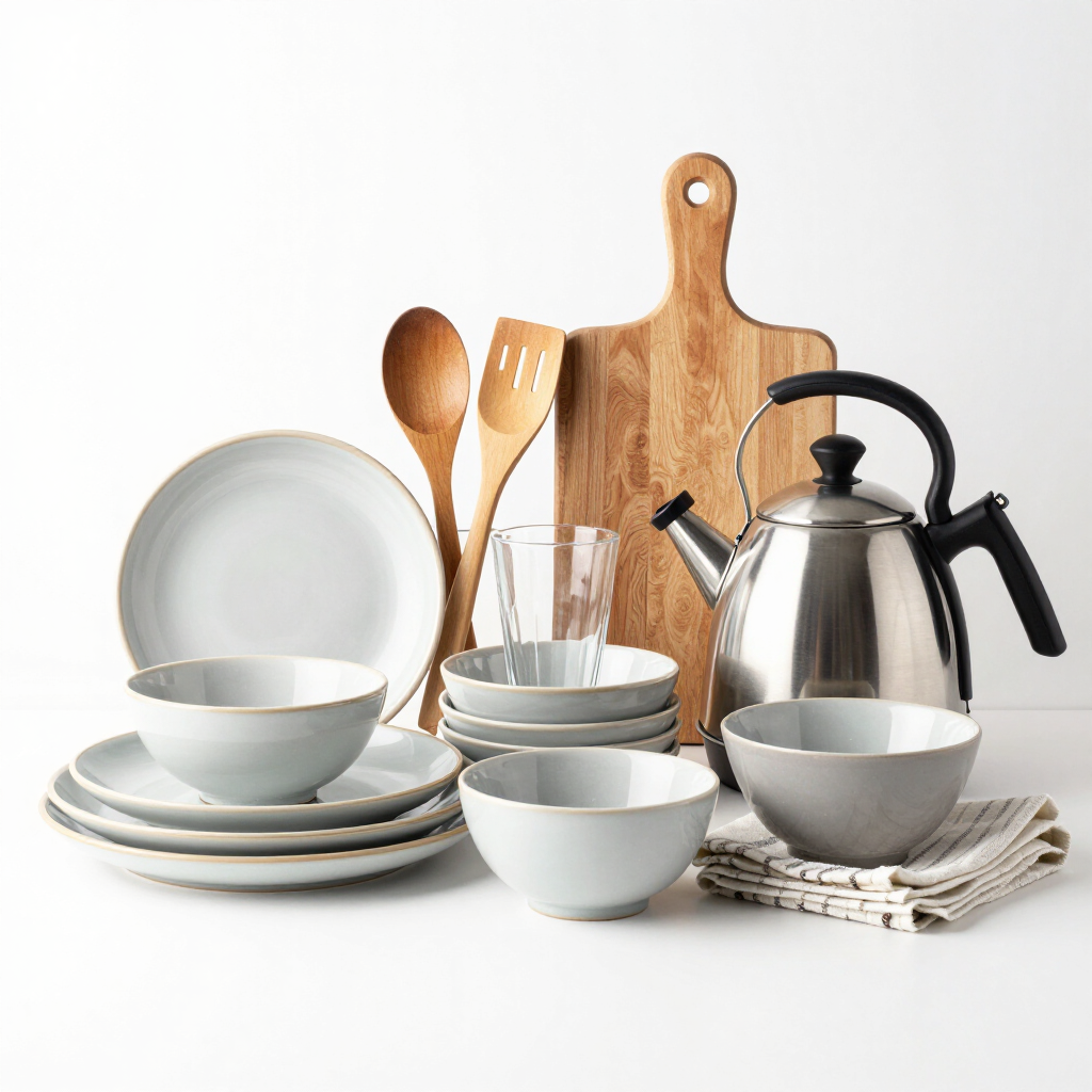 Juego de menaje de cocina con platos, cuencos, utensilios de madera, tabla de cortar y hervidor de acero inoxidable sobre un fondo blanco