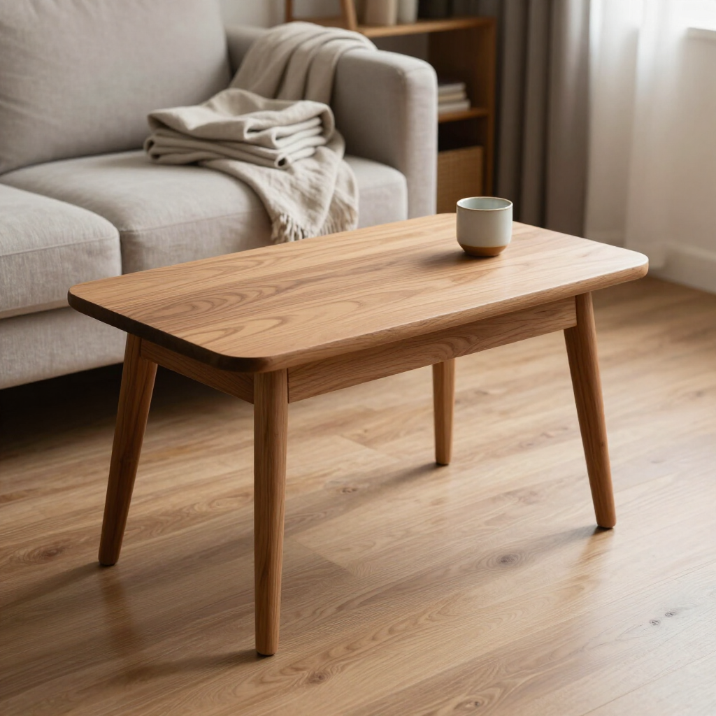 Mesa de centro de madera con una taza pequeña en una acogedora sala de estar, junto a un sofá y una manta colocada sobre él