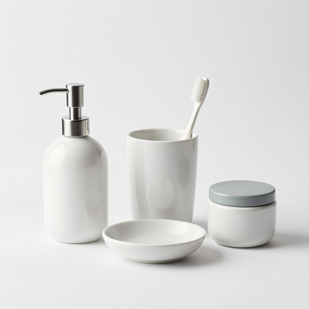 Juego de baño blanco con dispensador de jabón, vaso para cepillos de dientes, cuenco pequeño y tarro con tapa sobre un fondo claro